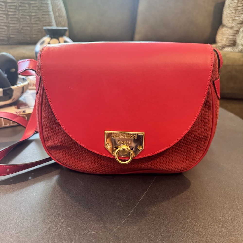 NINA RICCI Paris Vintage Red Leather Woven Shoulder Bag Crossbody Made in Italy
